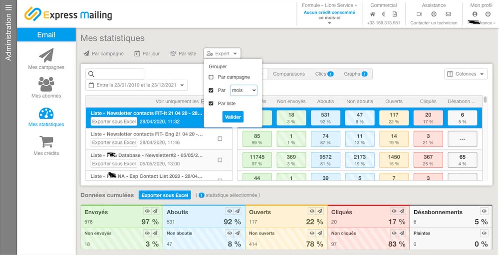 Interface onglet statistique express-mailing