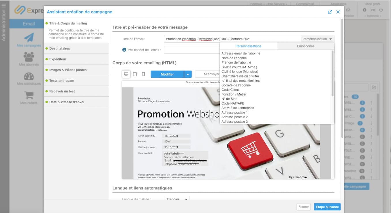 Aperçu des données de personnalisation sur la plateforme My Express Mailing