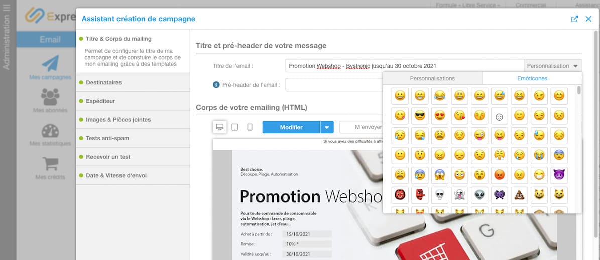 Aperçu des émoticônes de personnalisation sur la plateforme My Express Mailing