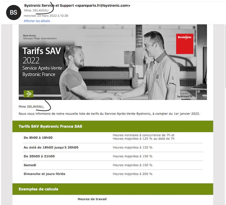 Exemple d'une campagne emailing de Bystronic personnalisée selon le nom du client