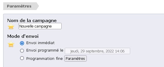 Exemple de paramètres d'une campagne sms