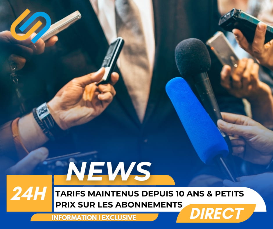 Image de micros pointés vers une personne en costume, annonçant des tarifs stables depuis 10 ans et des abonnements à prix réduit.