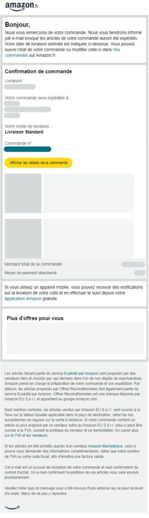 Email de confimation de commande Amazon