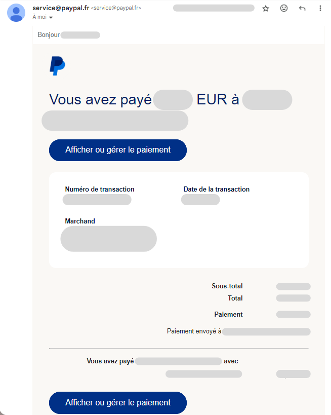 Email de confirmation de transaction PayPal