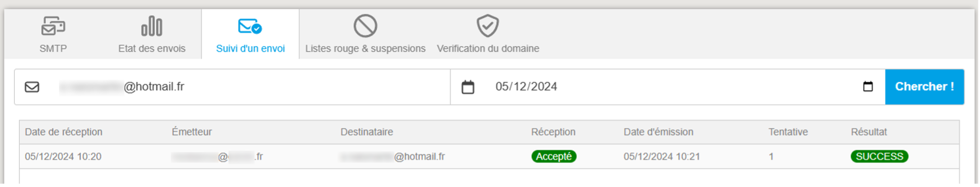 Exemple d'un envoi envoyé avec succès