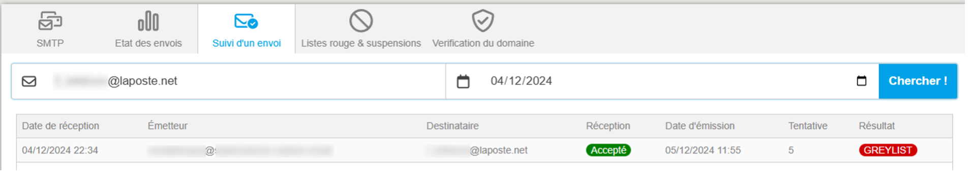 Exemple d'un envoi qui a été greylisté