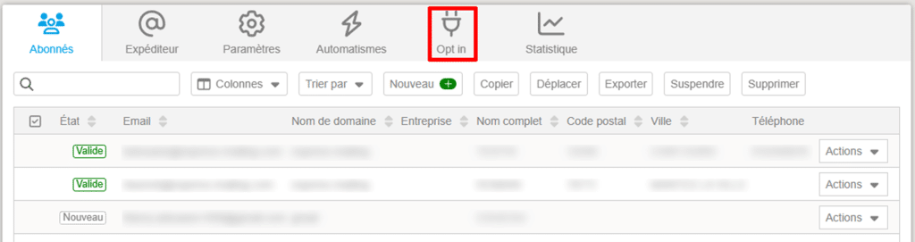 Imprimé d'écran montrant l'accès à l'onglet optin.