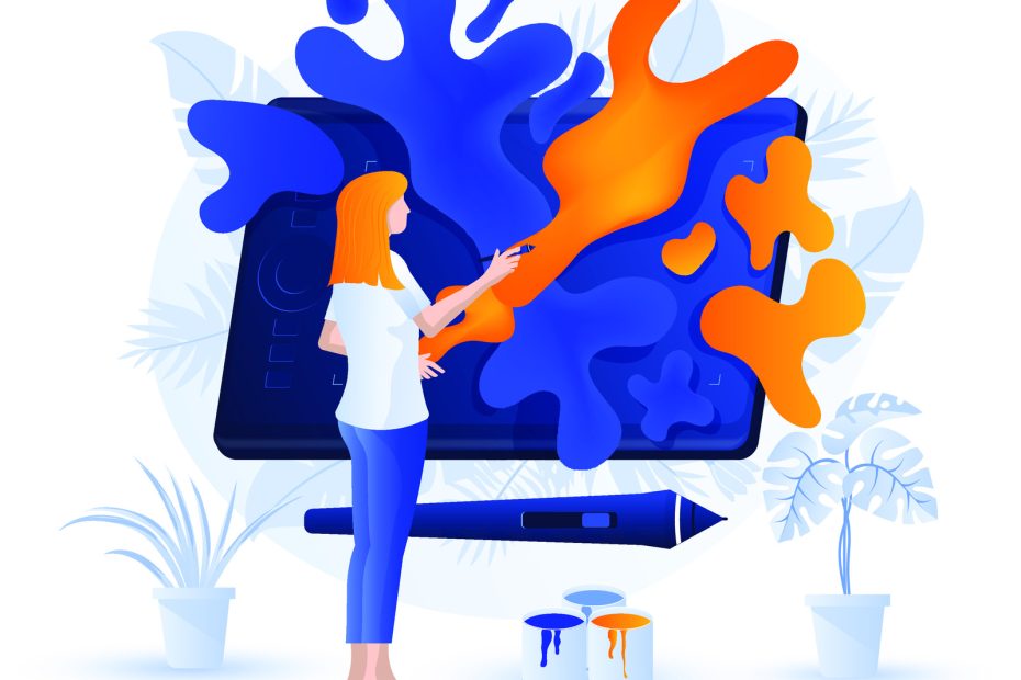 Illustration d'une femme qui peint sur une tablette géante avec un pinceau, concentrée sur son œuvre numérique avec des taches d'orange et de bleu.