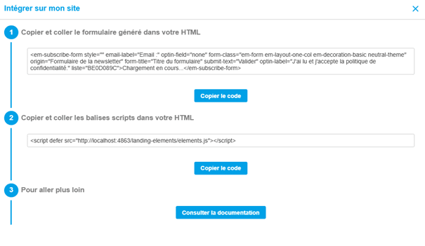 Imprimé d'écran montrant la fenêtre d'informations pour intégrer un générateur de formulaire sur votre site.