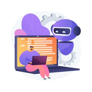 Illustration d'une personne assise sur un ordinateur portable, un robot à ses côtés