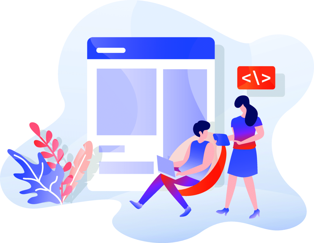 Une femme avec une tablette et un homme assis sur une chaise avec un ordinateur portable à côté d'une page web géante.
