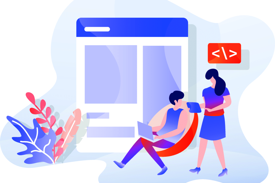 Une femme avec une tablette et un homme assis sur une chaise avec un ordinateur portable à côté d'une page web géante.