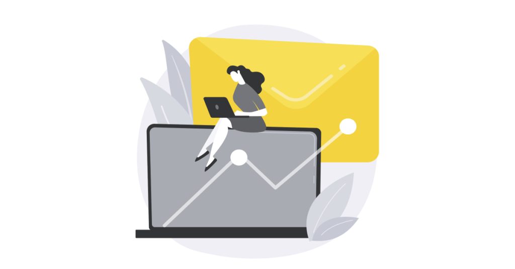 Illustration d'une utilisatrice avec son pc portable assise sur un pc portable géant avec derrière une enveloppe géante.