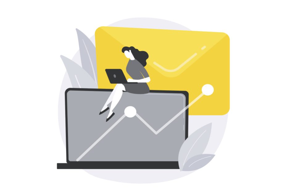 Illustration d'une utilisatrice avec son pc portable assise sur un pc portable géant avec derrière une enveloppe géante.