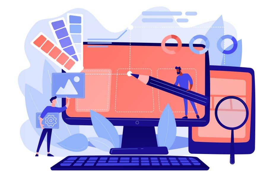 Designers are working on the desing of web page. Web design, User Interface UI and User Experience UX content organization. Web design development concept. Pinkish coral blue palette. Vector illustration