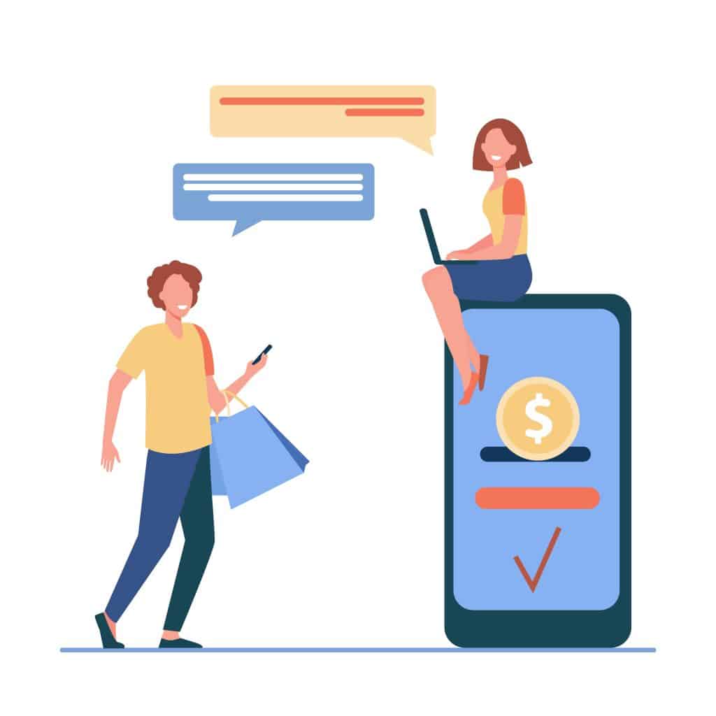 Personnes qui discutent sur un portable géant avec un dollar sur l'écran.