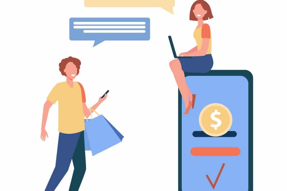 Personnes qui discutent sur un portable géant avec un dollar sur l'écran.