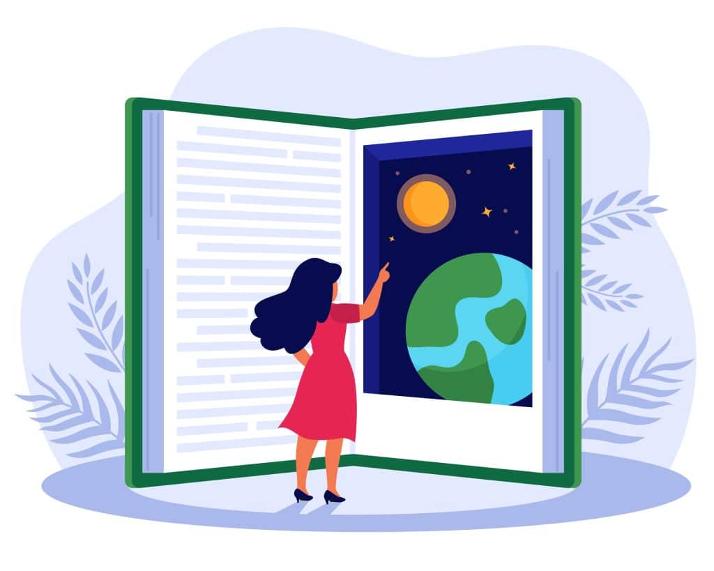 Une femme devant un grand livre ouvert dans lequel il y a du texte et une illustration