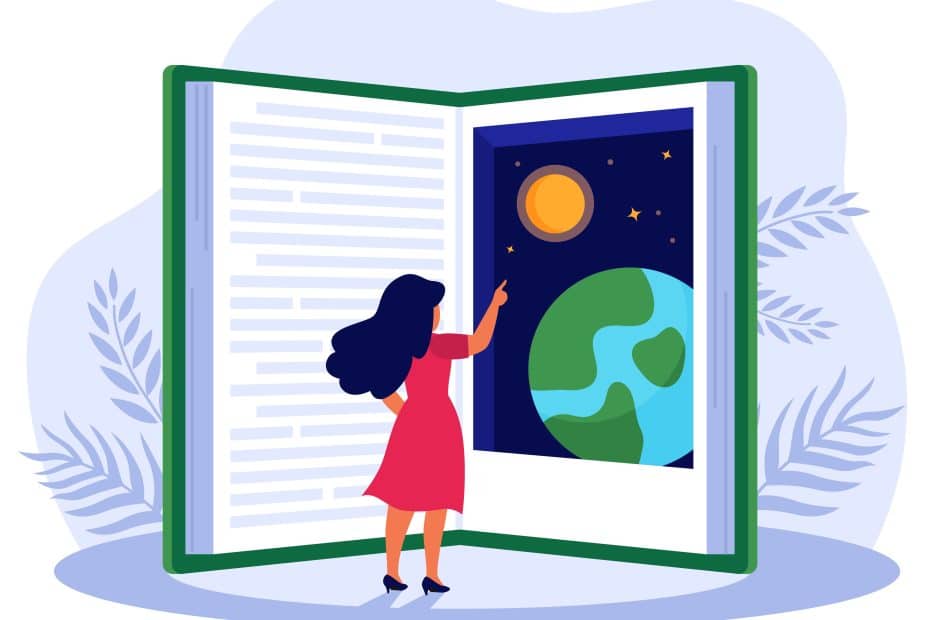 Une femme devant un grand livre ouvert dans lequel il y a du texte et une illustration
